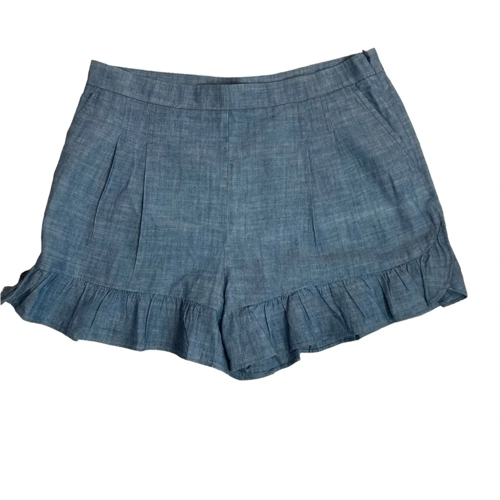 J. Crew Chambray High-Waist Ruffle-Hem Shorts in Light Blue